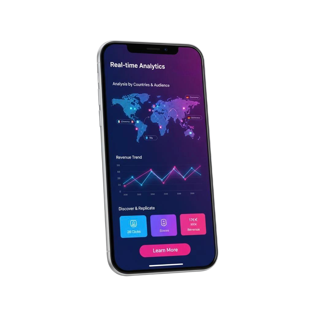 Dashboard móvil de relo.ad con análisis de tráfico por país, audiencia y tendencias de ingresos en tiempo real.